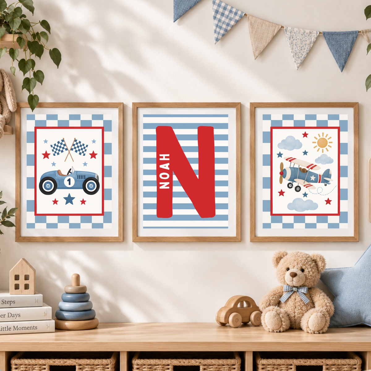 Set Of Three Personalised Car / Airplane Boys Nursery Prints