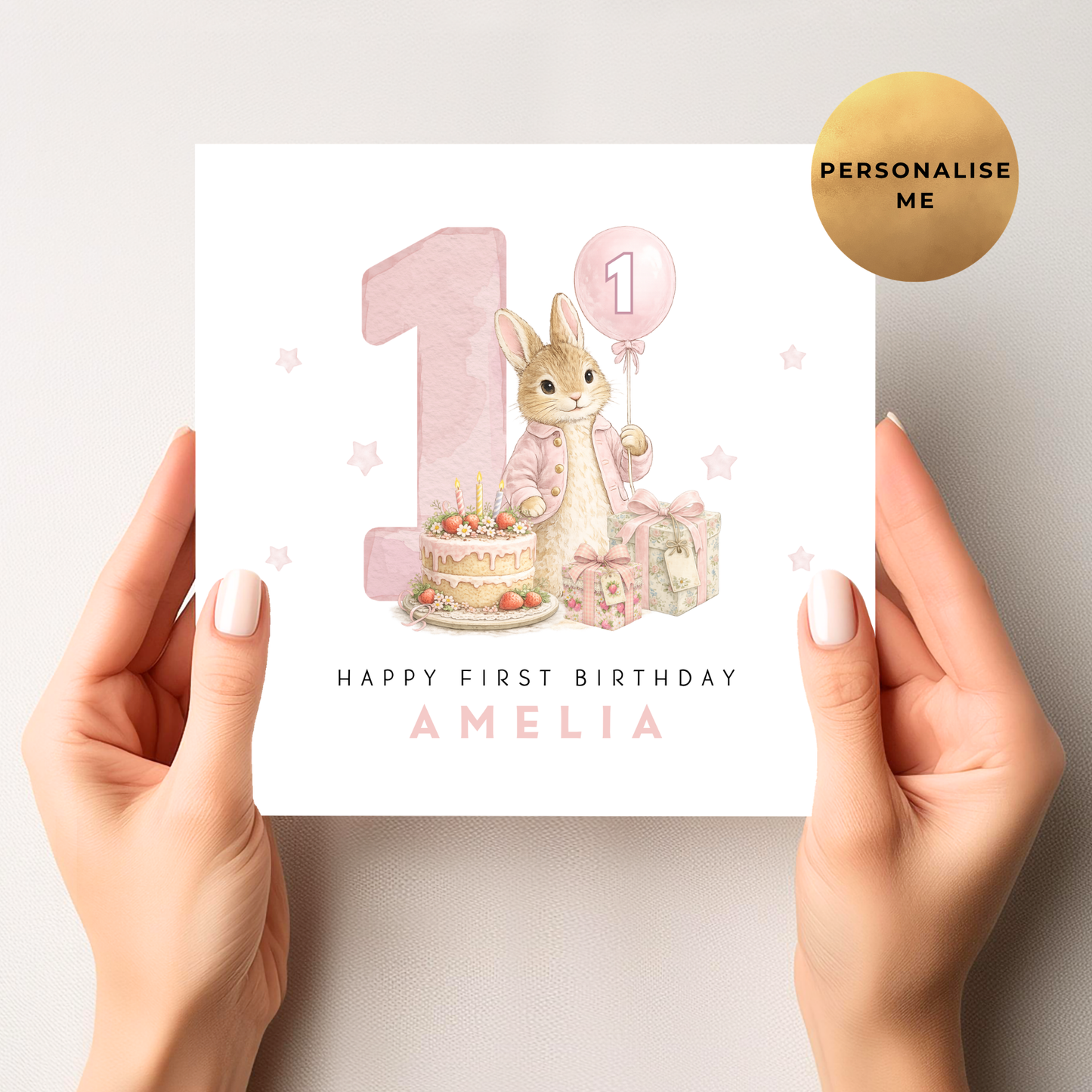 Pink Bunny First Birthday Card