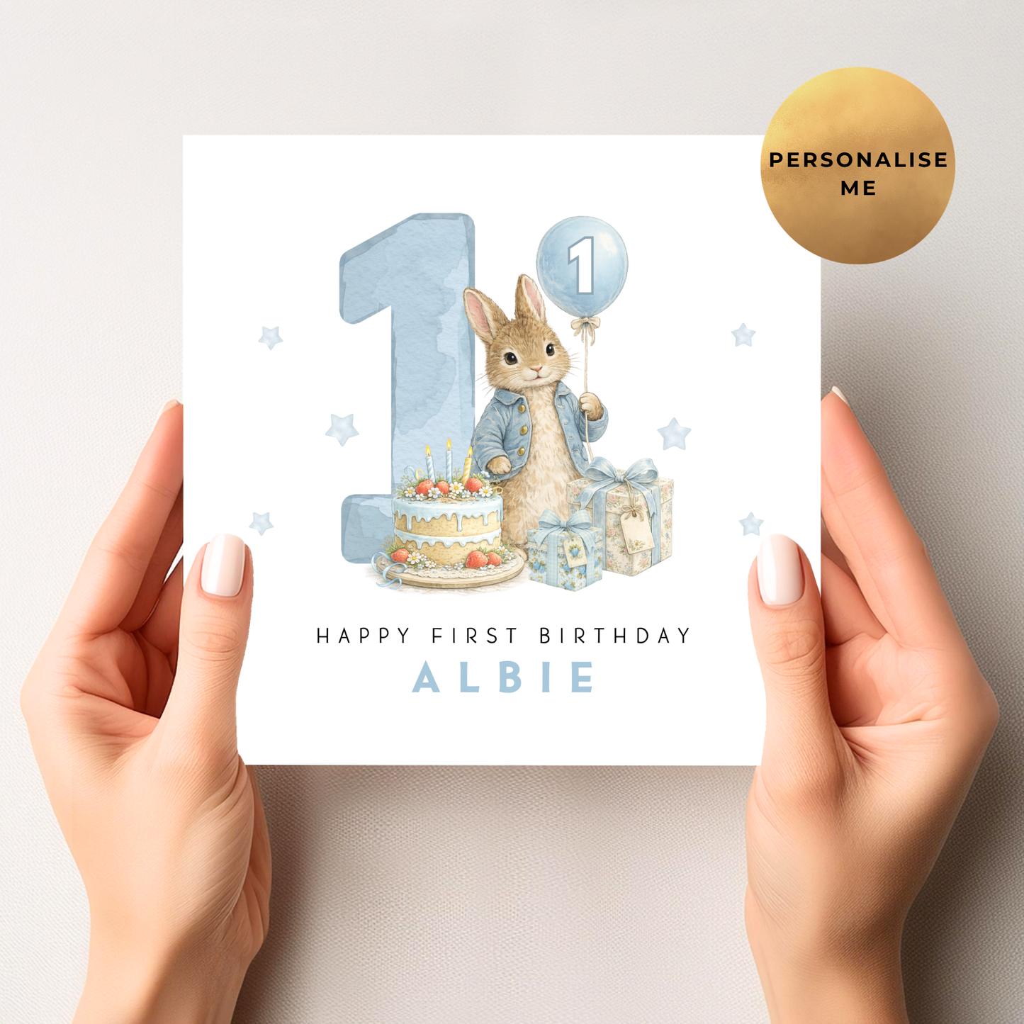 Blue Bunny First Birthday Card