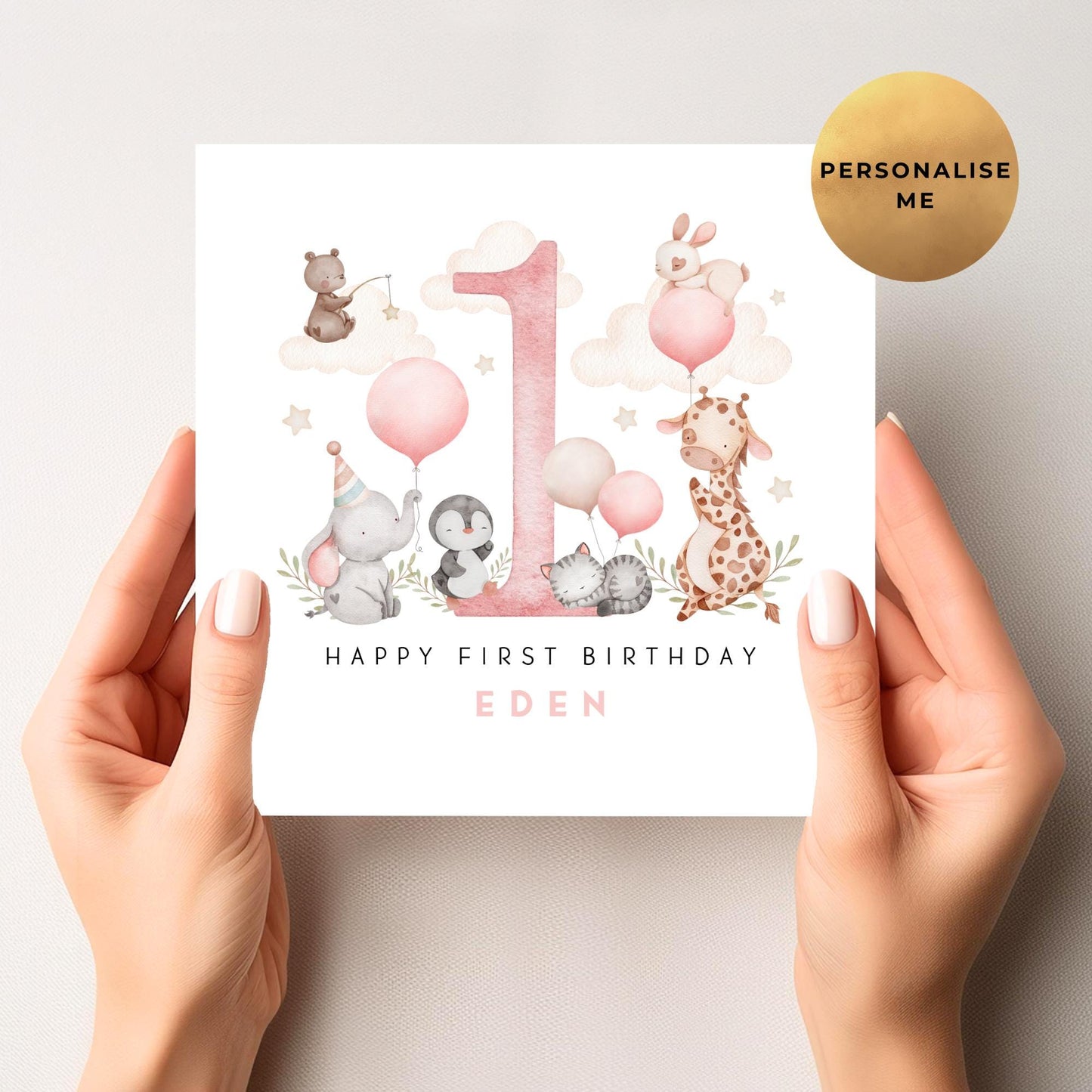Cute Safari First Birthday Card For Little Girl