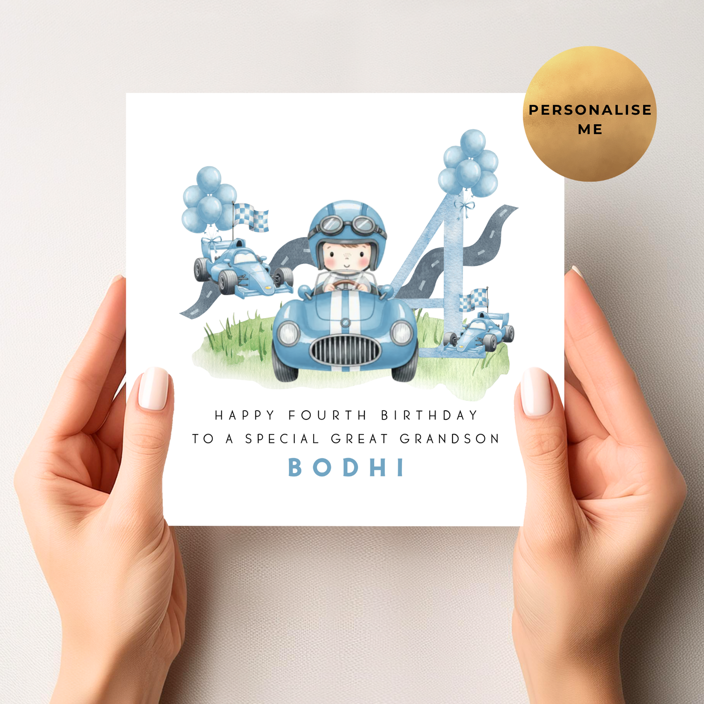 Blue Racing Car Birthday Card