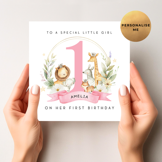 Safari First Birthday Card For Girl