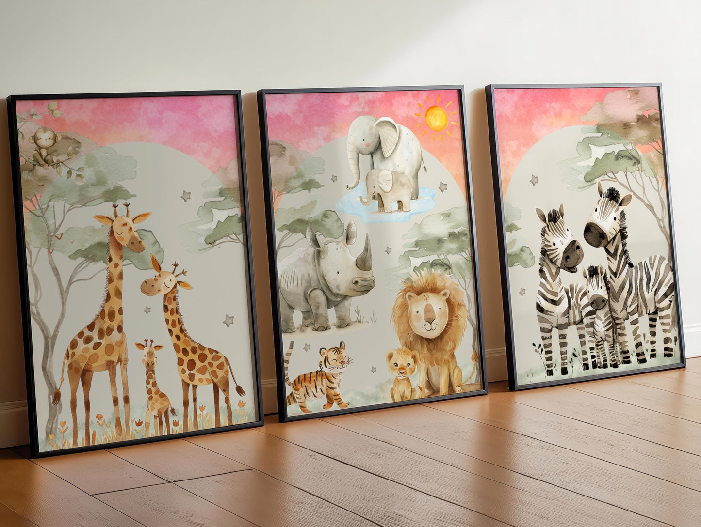 3x Safari Nursery Wall Prints