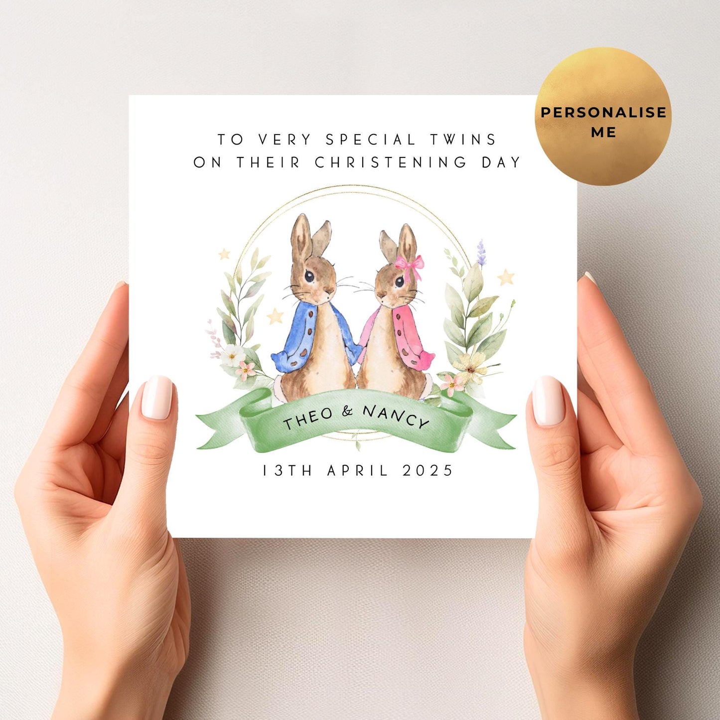 Peter Rabbit Christening Card For Twin Boy & Girl
