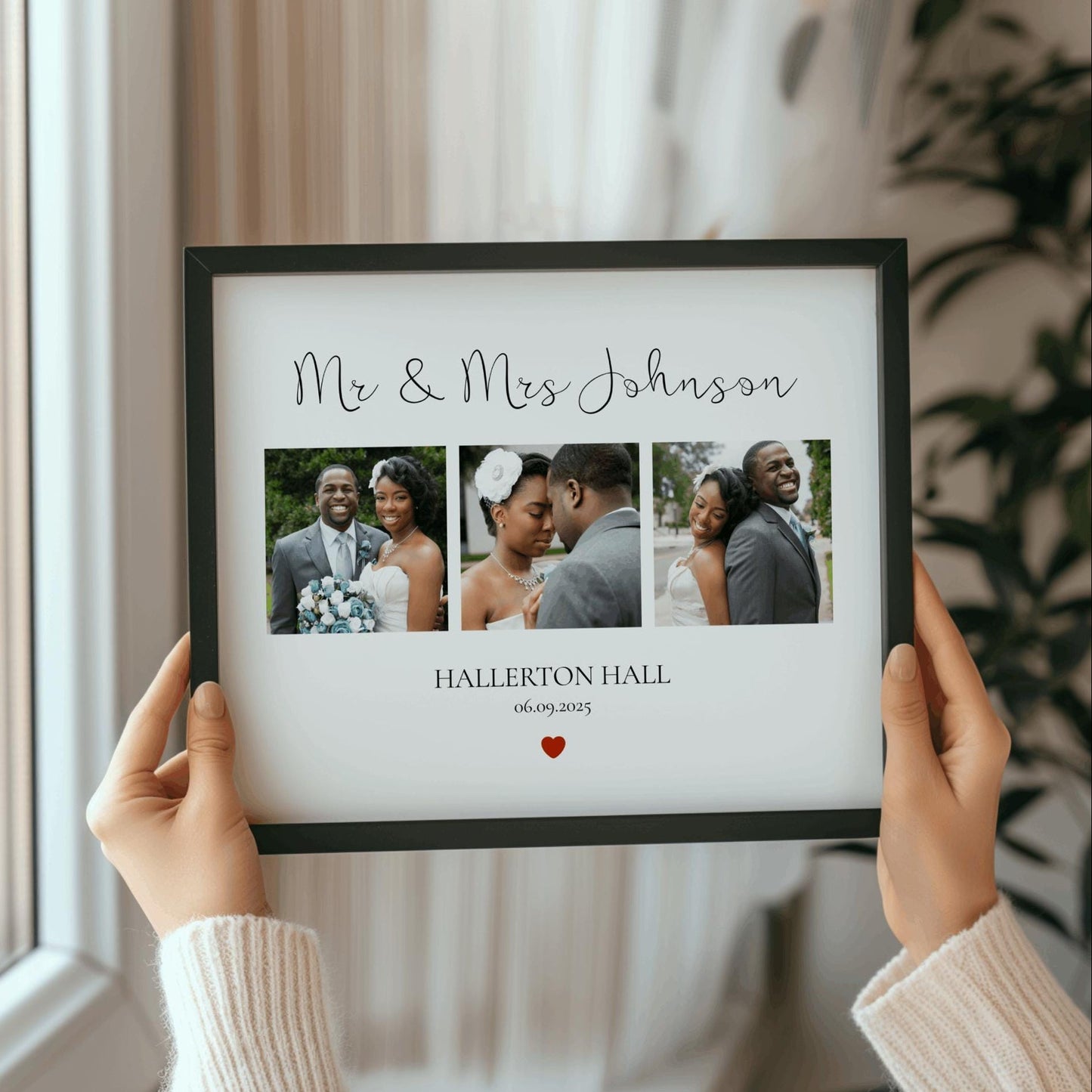 Person holding a framed photo collage with 'Mr & Mrs Johnson' text.