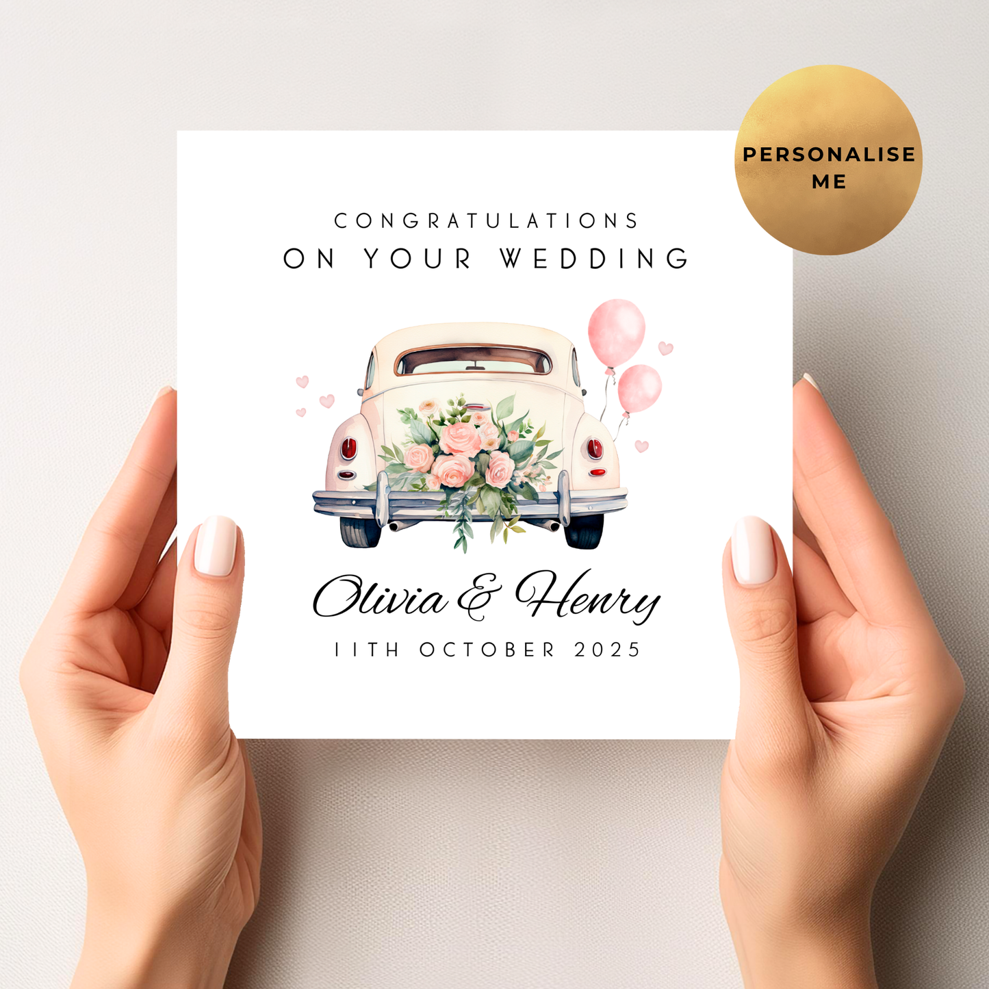 Pink & Beige Wedding Car Wedding Card