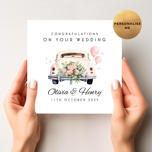 Pink & Beige Wedding Car Wedding Card