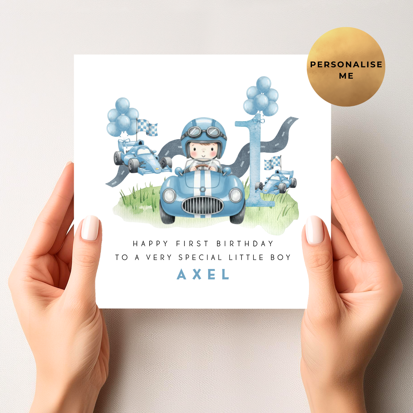 Blue Racing Car Birthday Card