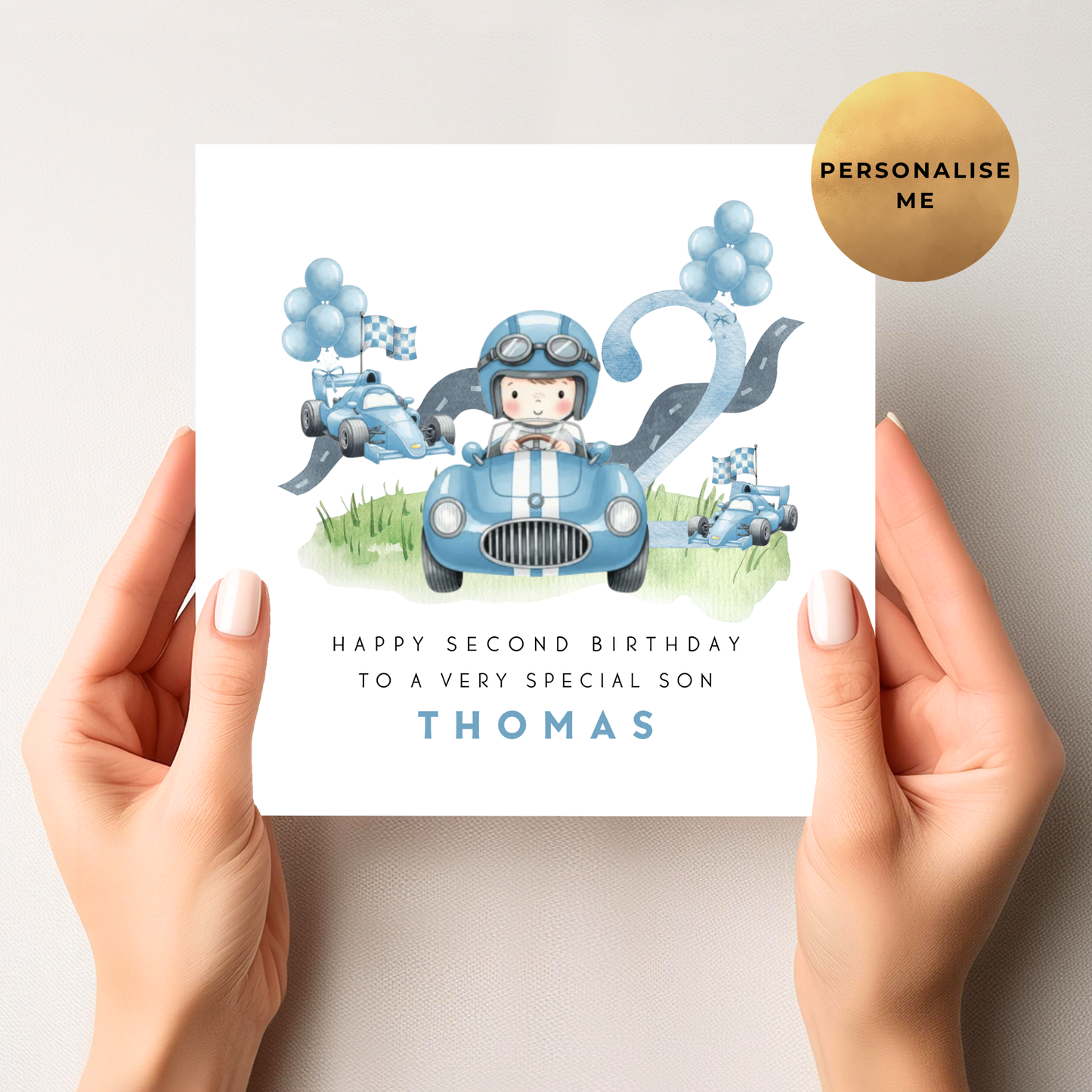 Blue Racing Car Birthday Card