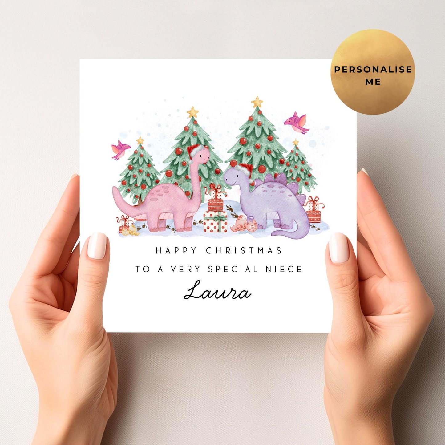 Dinosaur Christmas Card For Little Girl