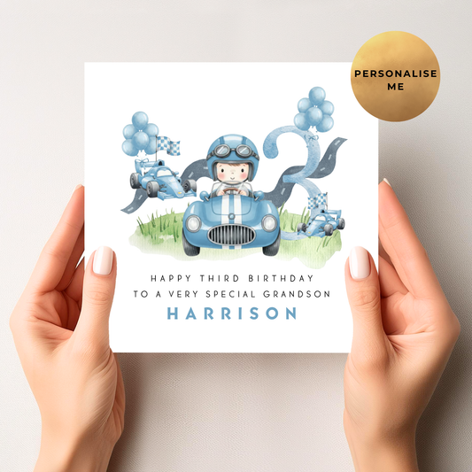 Blue Racing Car Birthday Card