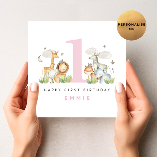 Safari First Birthday Card For Little Girl