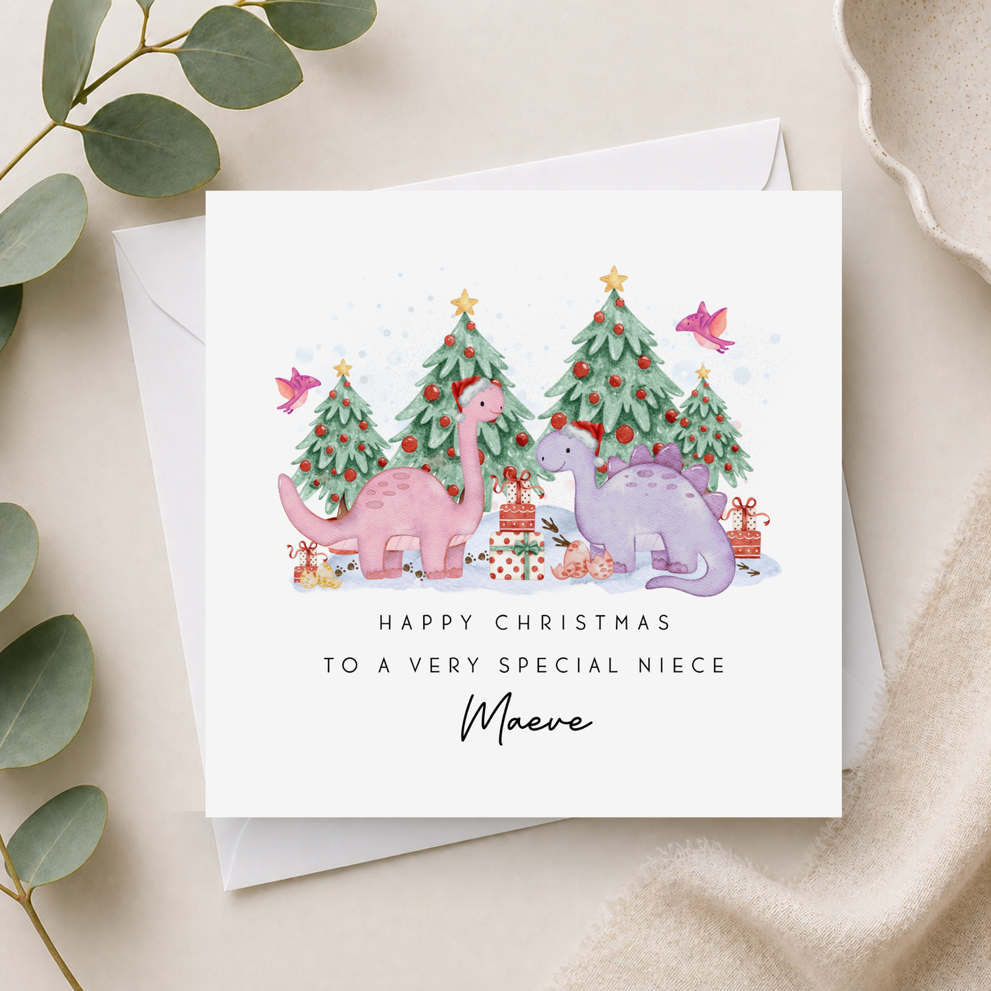 Dinosaur Christmas Card For Little Girl