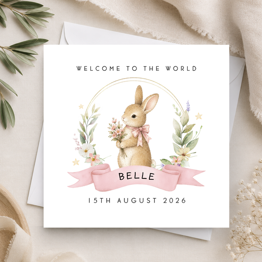 Bunny Rabbit New Baby Card For Little Girl