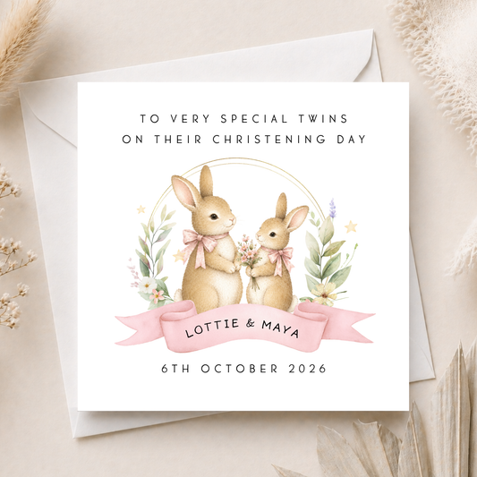 Woodland Bunny Christening Card For Twin Girls