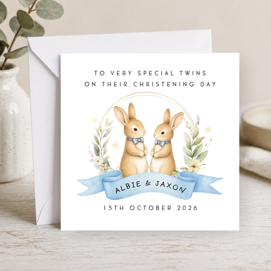 Woodland Bunny Christening Card For Twin Boys