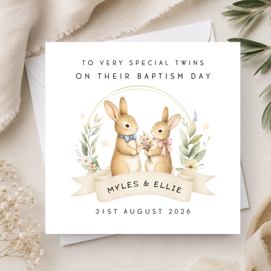 Woodland Bunny Christening Card For Twin Boy & Girl