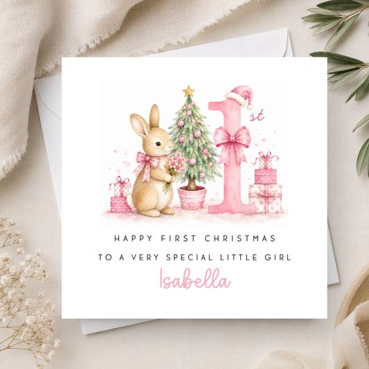 Bunny Rabbit First Christmas Card For Little Girl