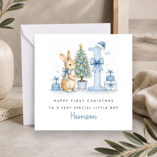 Bunny Rabbit First Christmas Card For Little Boy