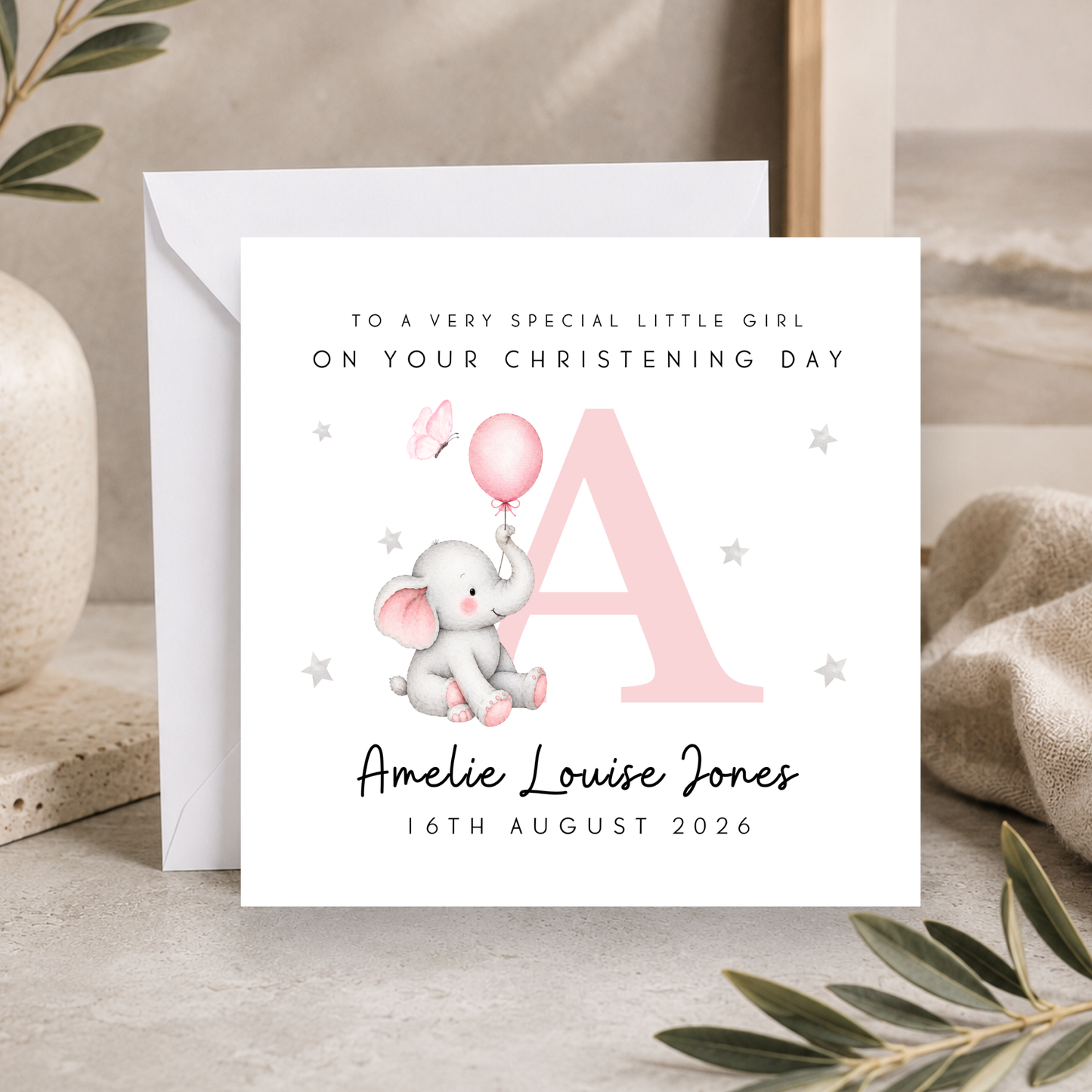 Elephant Christening Card For Little Girl