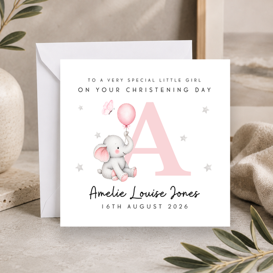 Elephant Christening Card For Little Girl