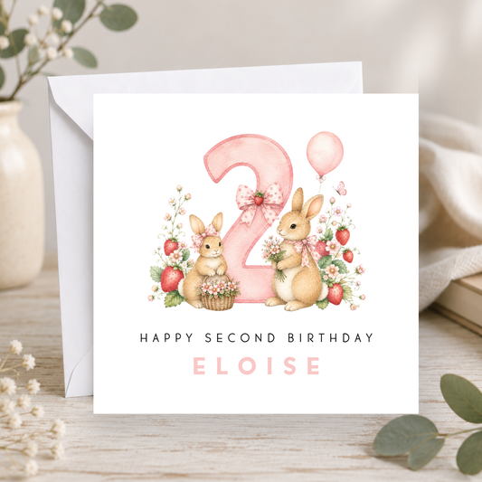 Pink Bunny Rabbit 2nd Birthday Card