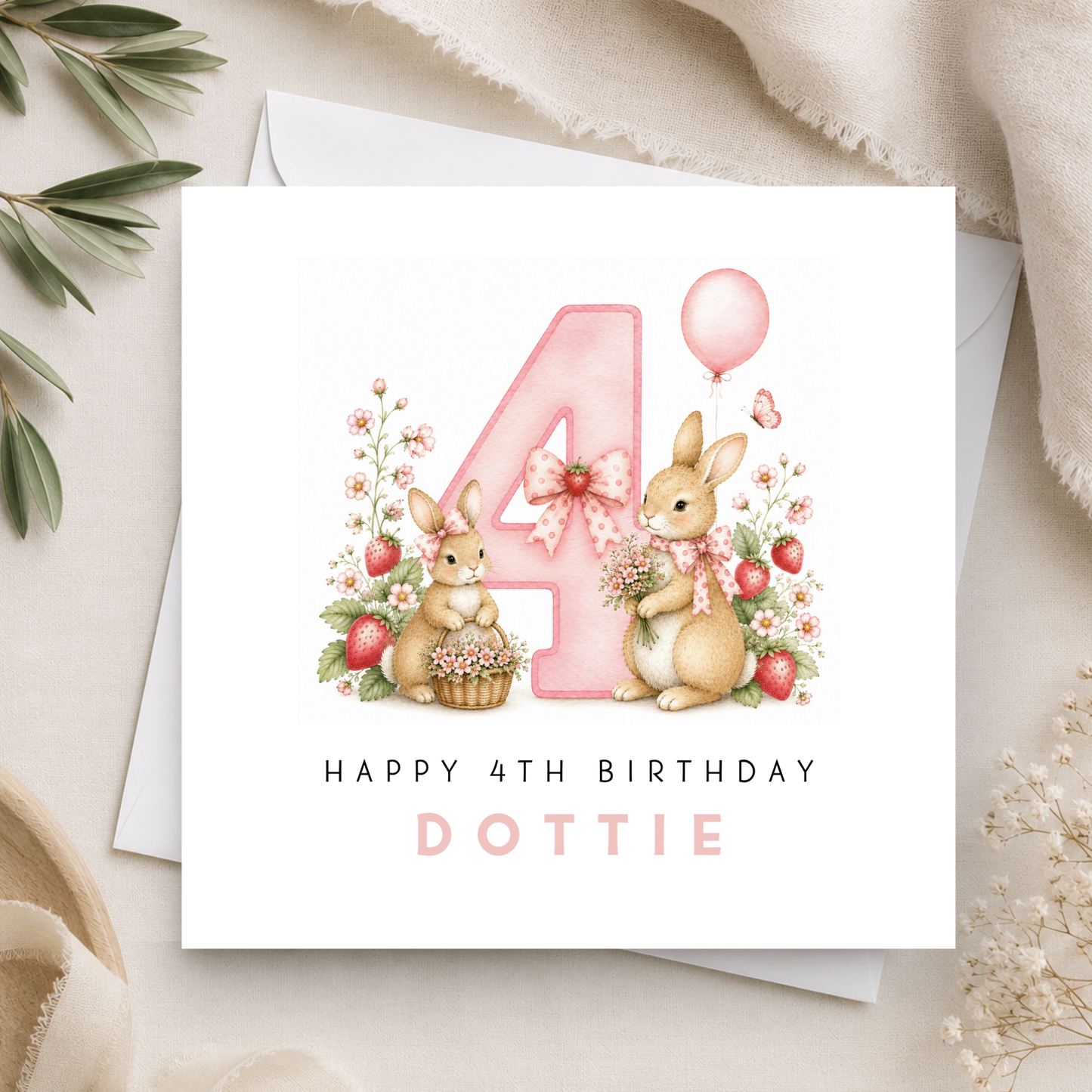 Pink Bunny Rabbit 4th Birthday Card