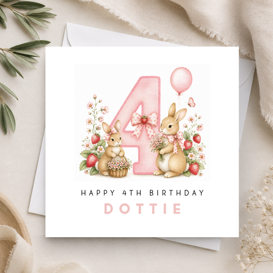 Pink Bunny Rabbit 4th Birthday Card