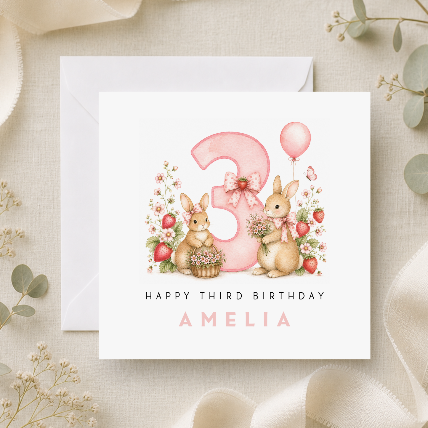 Pink Bunny Rabbit 3rd Birthday Card
