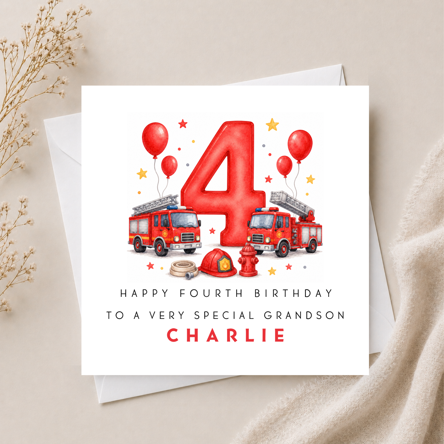 Fire Engine 4th Birthday Card
