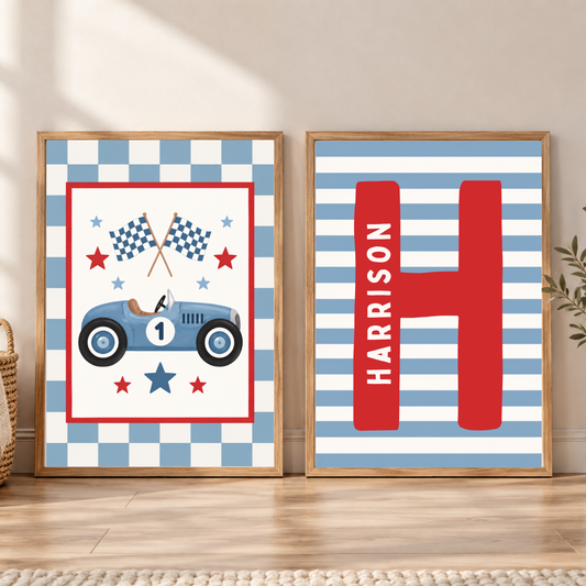 Racing Car & Initial Nursery Prints
