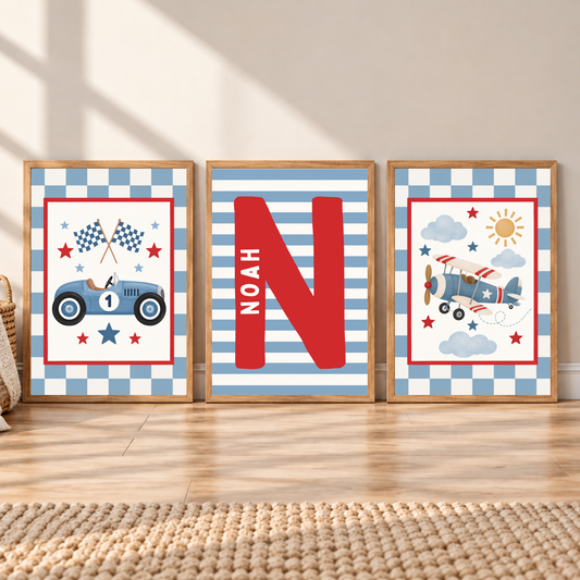 Set Of Three Personalised Car / Airplane Boys Nursery Prints