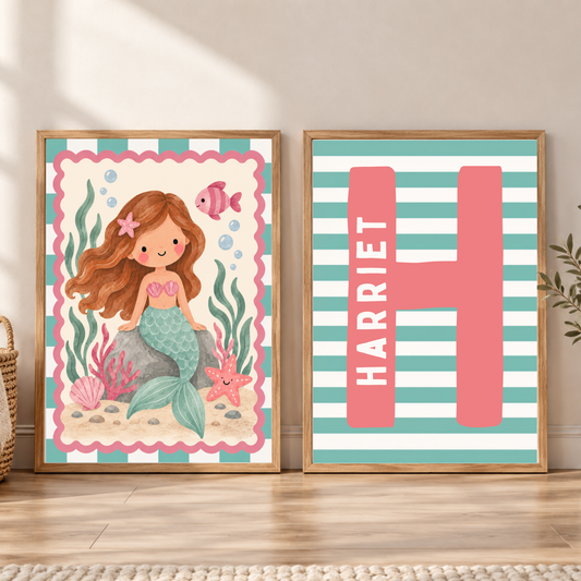 Mermaid & Initial Print Set