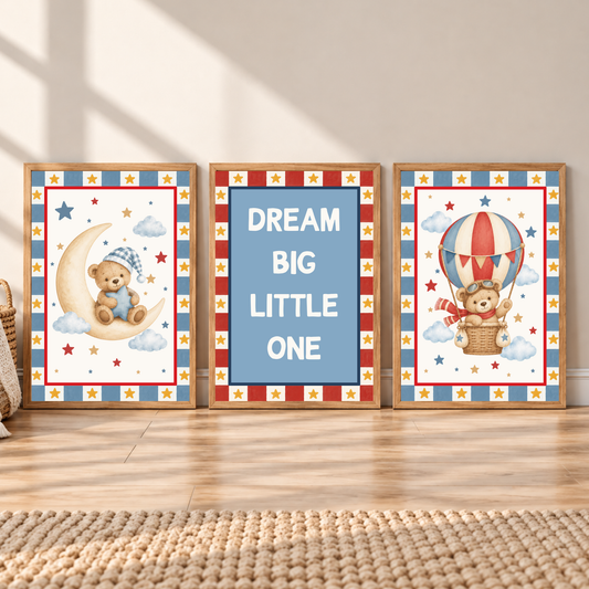 Set of 3 Nursery Prints – Teddy Bear Wall Art – Dream Big Little One