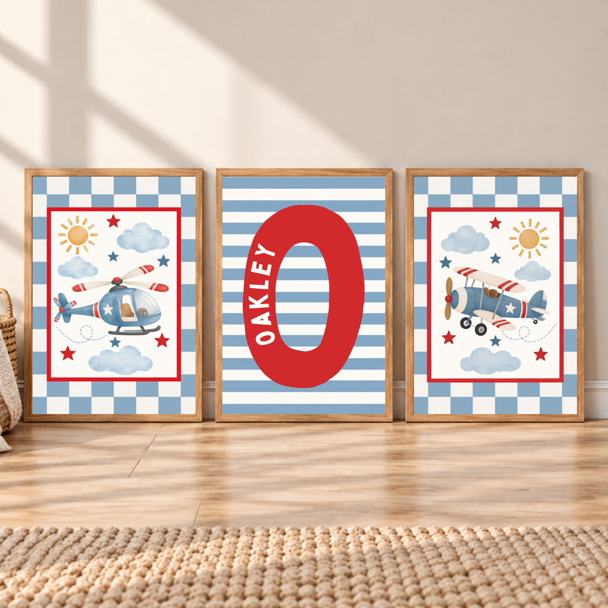 Set Of Three Personalised Helicopter / Airplane Boys Nursery Prints