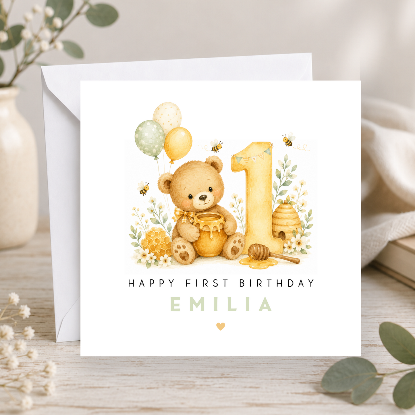 Honey Bear First Birthday Card