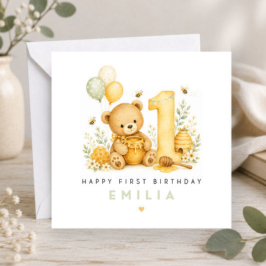 Honey Bear First Birthday Card