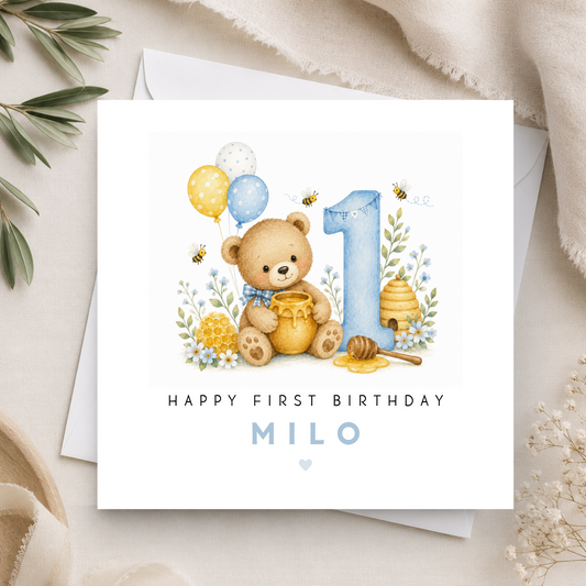 Honey Bear First Birthday Card