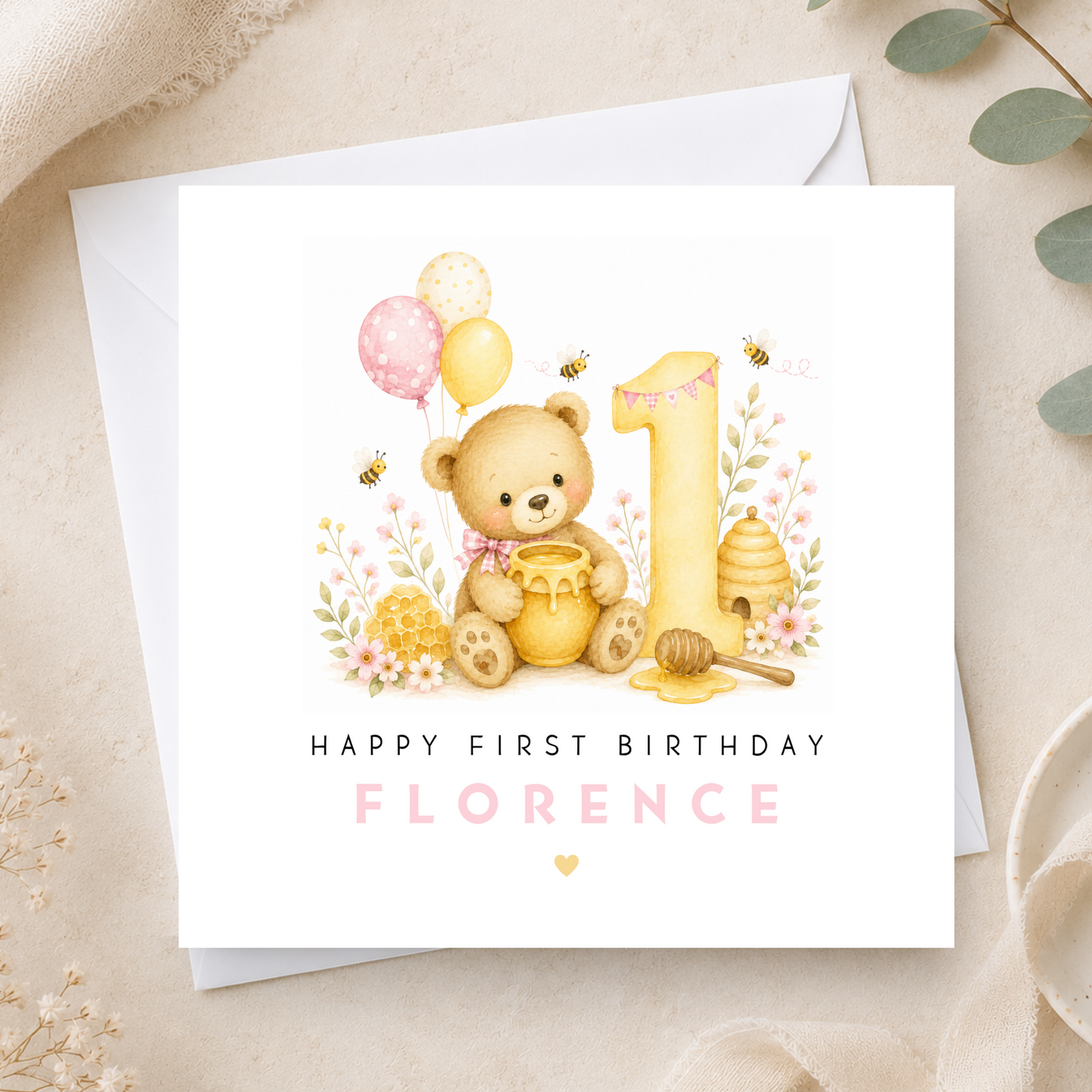 Pink Honey Bear First Birthday Card