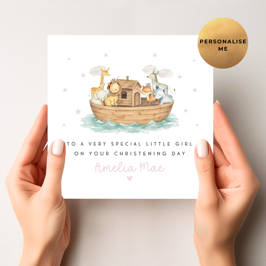 Noah's Ark Christening Card For Little Girl