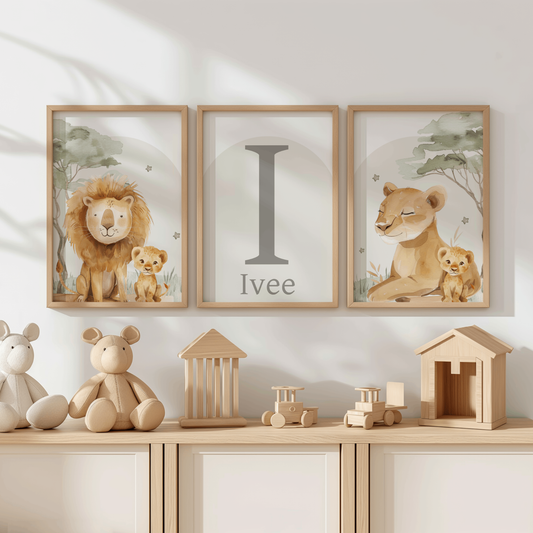 3x Safari  Lion Nursery Wall Prints
