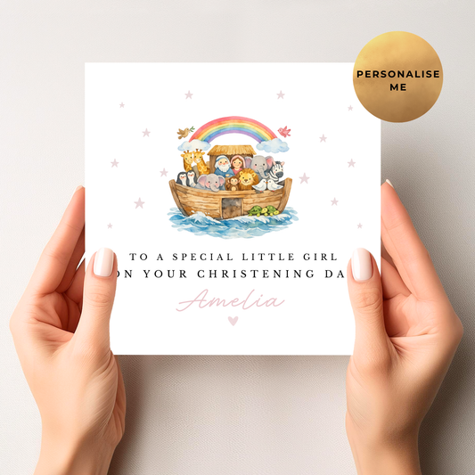 Noah's Ark Christening Card For Little Girl