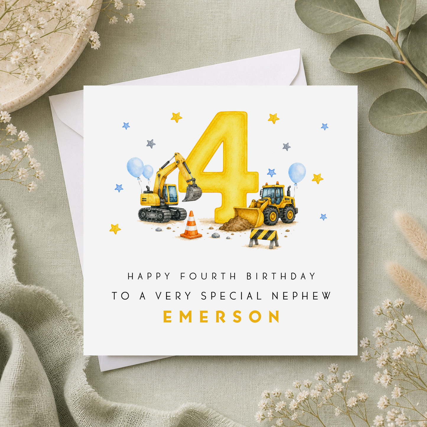 Construction Fourth Birthday Card