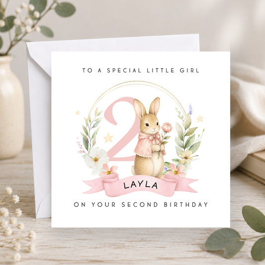 Pink Bunny Rabbit 2nd Birthday Card