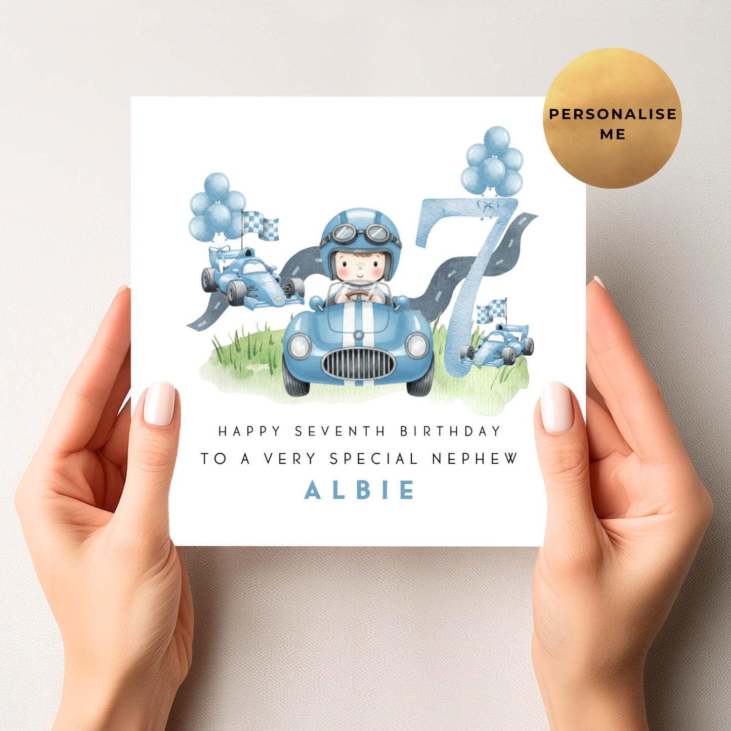 Blue Racing Car Birthday Card