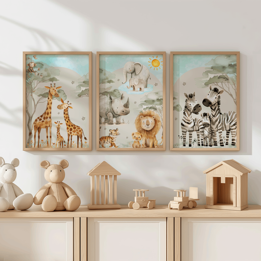 3x Safari Nursery Wall Prints