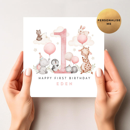 Cute Safari First Birthday Card For Little Girl